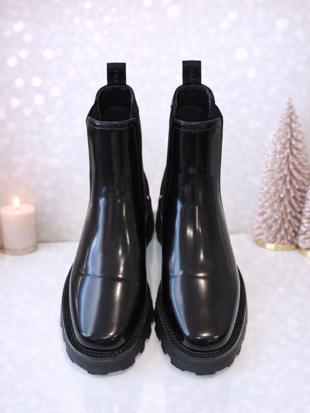DKNYC Black Patent Chelsea Lug Booties